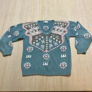 Kenneth Stevens Mint Green Peach Brown Vneck Knitted Sweater Small Vintage